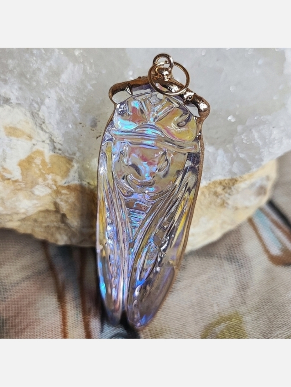 Aurora Borealis Molded Glass Cicada Summer Bug Insect Pendant Gold Dipped Edge